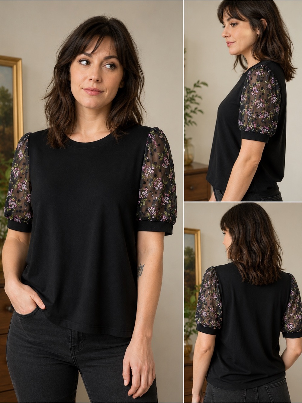 CeCe Black Tee with Sheer Floral Puff Sleeves